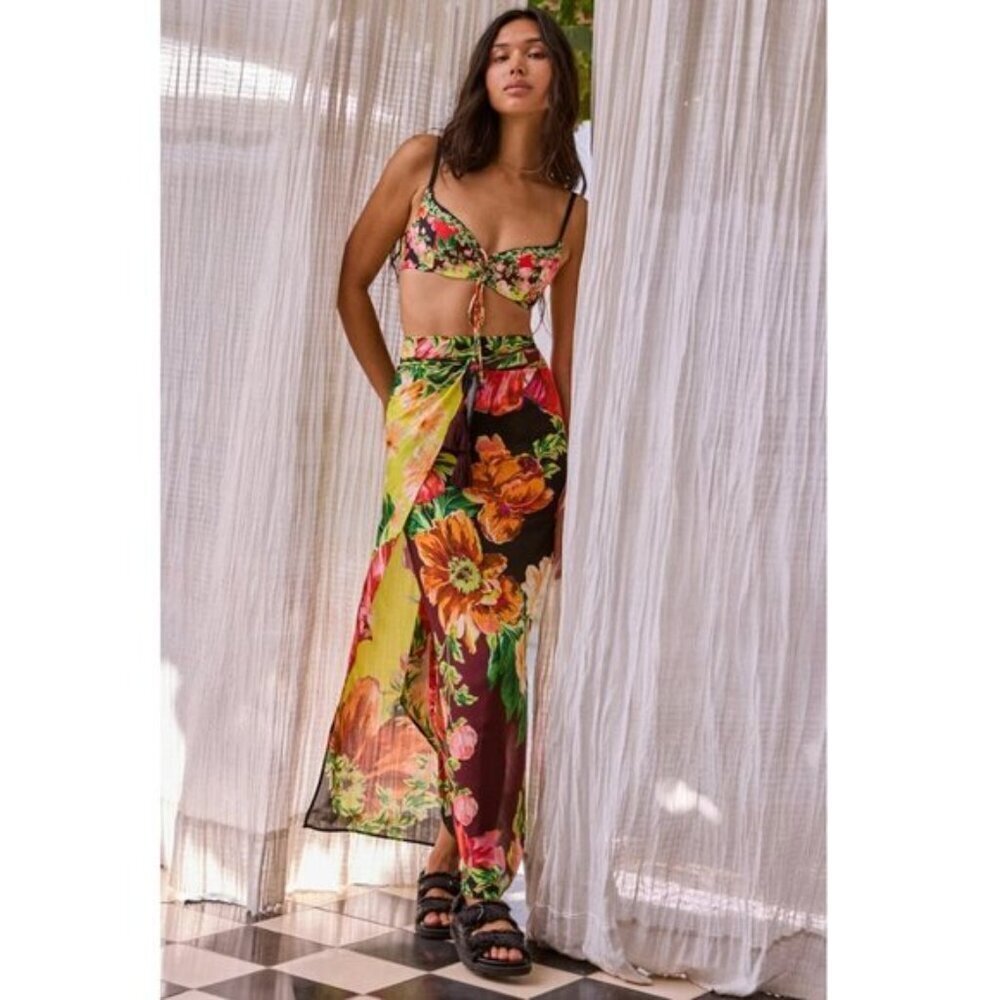 NWT Agua Bendita Marine Anthropologie Dawn Floral Pareo Sarong Cover Up Colombia
